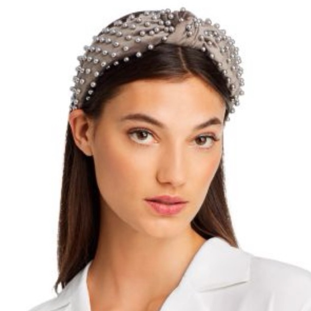 Lele Sadoughi Velvet Faux Pearl Knotted Headband, Grey